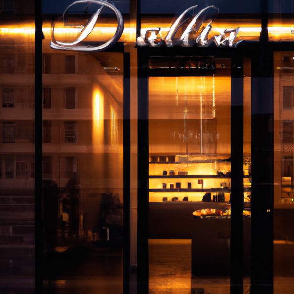 A wide, cinematic shot of a sophisticated artisan chocolate boutique at dusk, where the name "DAL...