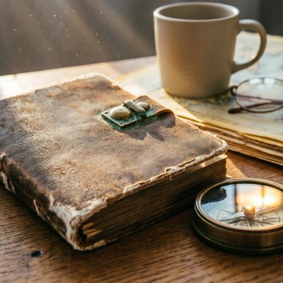 Qwen Image 2.0 Pro generated image of A hyper-realistic close-up of a weathered, vintage leather traveler's journal...