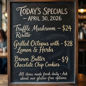 Handwritten-style chalkboard menu in a cozy café, all tex...