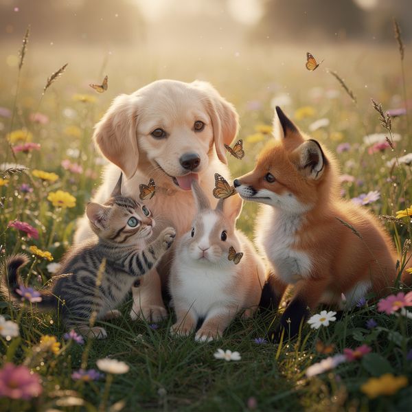 AI image generated by FLUX.2 [pro], ranked #11 of 25 in the "Adorable Baby Animals in Sunny Meadow" arena challenge — prompt: Hyper-photorealistic scene of fluffy baby animals—a golden retriever puppy, tabby kitten, baby bunny, and red fox kit—with big expressive eyes and ultra-detailed soft fur, playfully chasing butterflies and tumbling together in a lush wildflower meadow, warm golden sunrise light with god rays and dew sparkles, joyful wholesome vibe, 8K masterpiece.