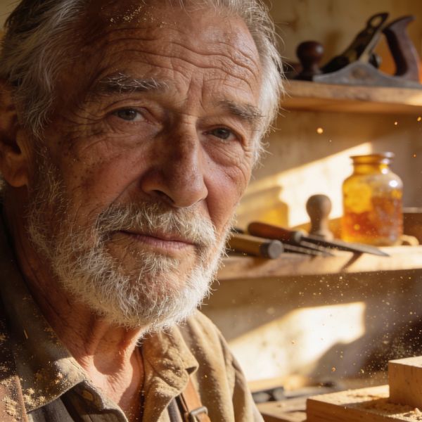 A hyper-realistic close-up portrait of an elderly artisan woodworker in a sun-drenched workshop. ...