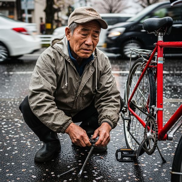 A candid street photo of an elderly Japanese man repairing a red bicycle in light rain, reflectio...