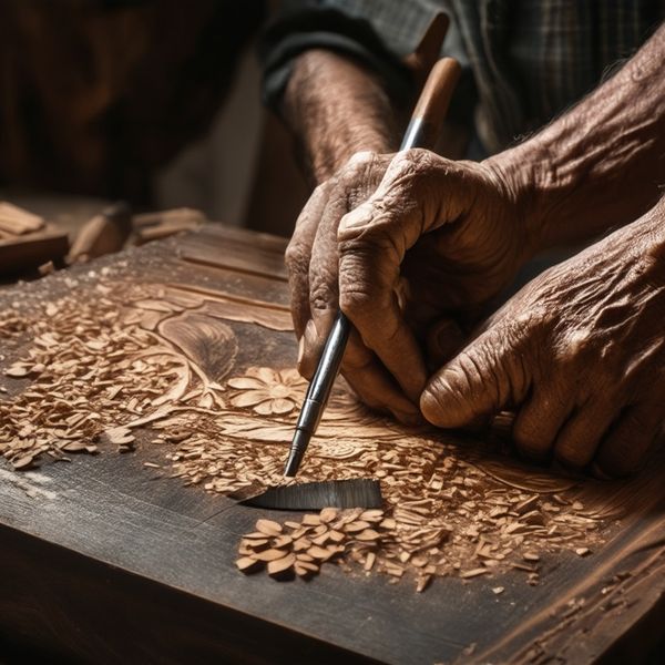 A hyper-realistic close-up of an elderly artisan's weathered hands meticulously carving intricate...