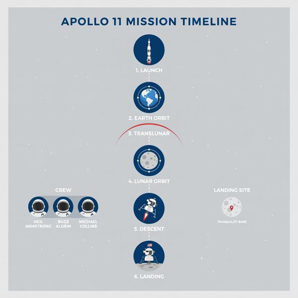 Create a clean, modern vector infographic poster about the Apollo 11 mission. NASA-inspired palet...