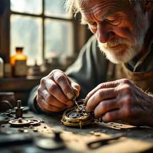 A hyper-realistic close-up of an elderly craftsman's weat...
