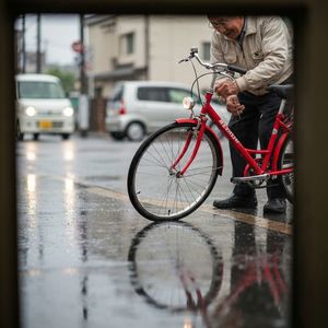 A candid street photo of an elderly Japanese man repairin...