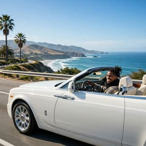 Make a photo of the man driving the car down the Californ...