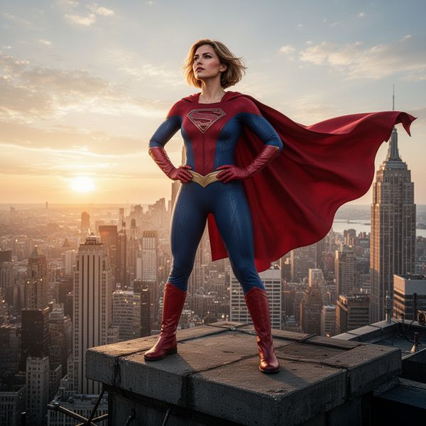 AI image generated by FLUX.2 [dev] Turbo, ranked #15 of 21 in the "Heroic Super Hero Portrait" arena challenge — prompt: Hyper-photorealistic full-body portrait of a female superhero standing triumphantly on a New York skyscraper rooftop at golden sunset, wearing a classic modest superhero costume with flowing cape, chest emblem, gloves, and boots in red and blue colors, practical design, short hair, strong determined heroic expression looking into the distance, powerful confident stance with hands on hips and cape billowing dramatically in the wind, detailed urban cityscape background, warm natural sunlight with sharp shadows and fabric highlights, ultra-sharp textures on suit, hair, and concrete, 8K masterpiece, empowering family-friendly style.