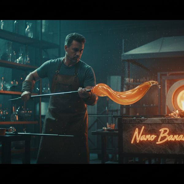 Cinematic wide shot of a high-end, artisan glassblowing workshop. In the center, a master craftsm...