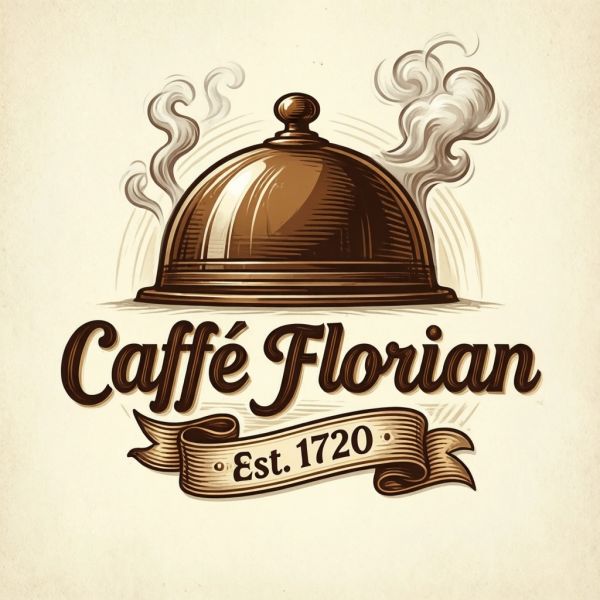 Vintage minimalist restaurant logo for "Caffè Florian", retro cloche dome with steam and "Est. 17...
