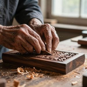 A hyper-realistic close-up of an elderly artisan’s weathe...