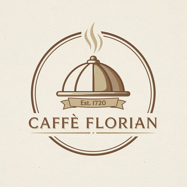 AI image generated by FLUX.2 [pro], ranked #3 of 21 in the "Vintage Cafe Logo" arena challenge — prompt: Vintage minimalist restaurant logo for "Caffè Florian", retro cloche dome with steam and "Est. 1720" banner, classic typography, warm brown and cream tones, subtle texture on light background, vector emblem style.
