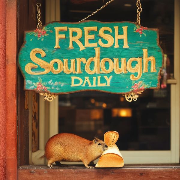 A vibrant, hand-painted wooden sign hanging above a cozy bakery that says "FRESH SOURDOUGH DAILY"...
