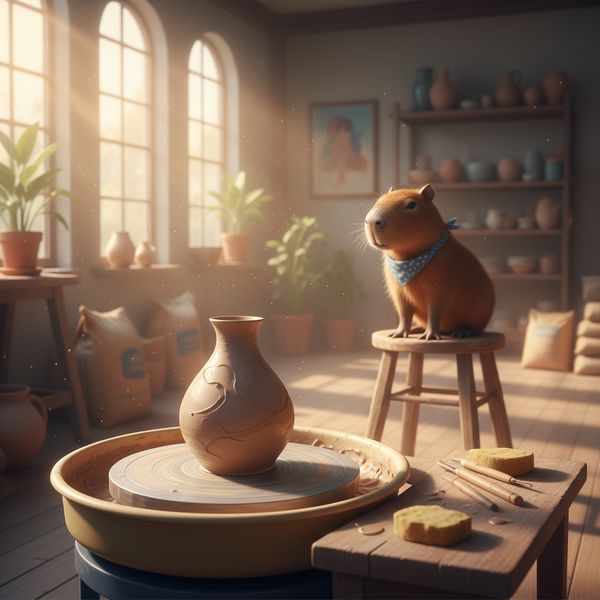 A cozy ceramic studio bathed in morning sunlight, focusing on a half-finished clay vase on a pott...