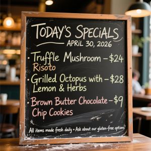 Handwritten-style chalkboard menu in a cozy café, all tex...