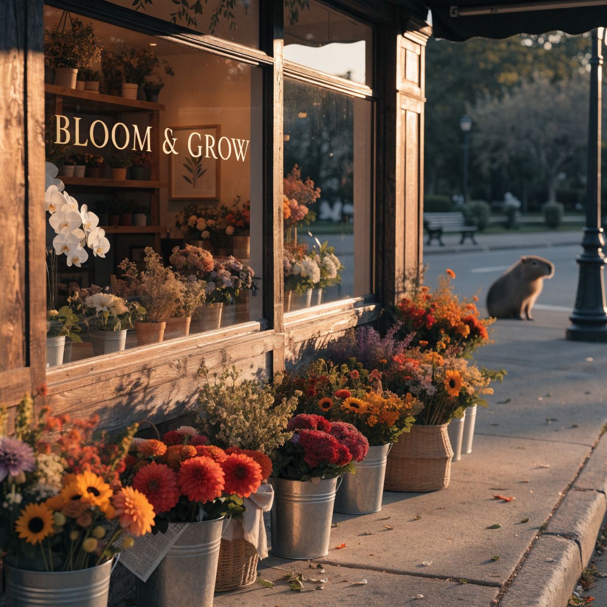 Recraft V4.1 Pro generated image of A rustic wooden storefront of a boutique flower shop called "BLOOM & GROW" in...