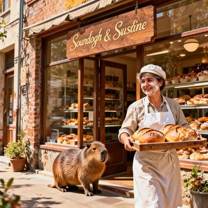A cozy street-side bakery with a wooden sign that says "S...