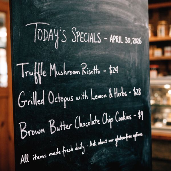 AI image generated by Recraft V4.1 Pro, ranked #26 of 69 in the "Chalkboard Menu" arena challenge — prompt: Handwritten-style chalkboard menu in a cozy café, all text rendered in the exact same realistic chalk handwriting style with natural variations in letter size, slight slant, and chalk texture — no printed or digital fonts anywhere on the board.
Title at the top in elegant cursive chalk handwriting: ‘TODAY’S SPECIALS – APRIL 30, 2026’. 
Below it, three menu items also in the same handwritten chalk style: ‘Truffle Mushroom Risotto – $24’, ‘Grilled Octopus with Lemon & Herbs – $28’, ‘Brown Butter Chocolate Chip Cookies – $9’.
At the very bottom, smaller text in the identical handwritten chalk style (slightly smaller but still clearly legible with the same handwriting characteristics): ‘All items made fresh daily • Ask about our gluten-free options’.
Warm ambient café lighting, visible chalk dust and smudges, realistic handwriting imperfections, no clean printed text anywhere.