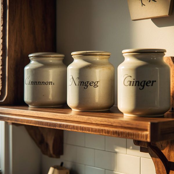 A masterfully crafted wooden kitchen shelf holding vintage ceramic jars, labeled with clear, eleg...