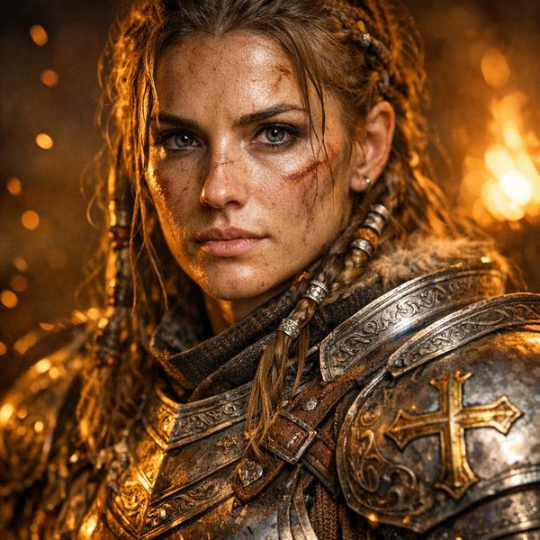 AI image generated by GPT Image 1.5, ranked #8 of 21 in the "Fantasy Warrior" arena challenge — prompt: Close portrait of a battle-worn paladin in ornate engraved plate armor, hair braided with small beads, faint scars and dirt on the skin, warm torchlight reflecting off metal, shallow depth of field, bokeh sparks, lifelike eyes, highly detailed texture on leather straps and cloth underlayer.