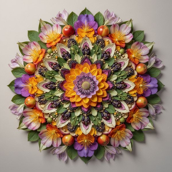 Perfectly symmetrical mandala made entirely of real flowers, petals, leaves, fruits, and seeds in...