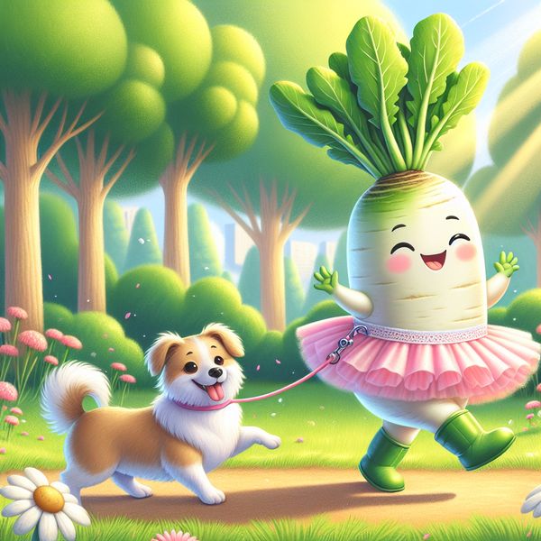 AI image generated by DALL-E 3 — prompt: an illustration of a baby daikon radish in a tutu walking a dog