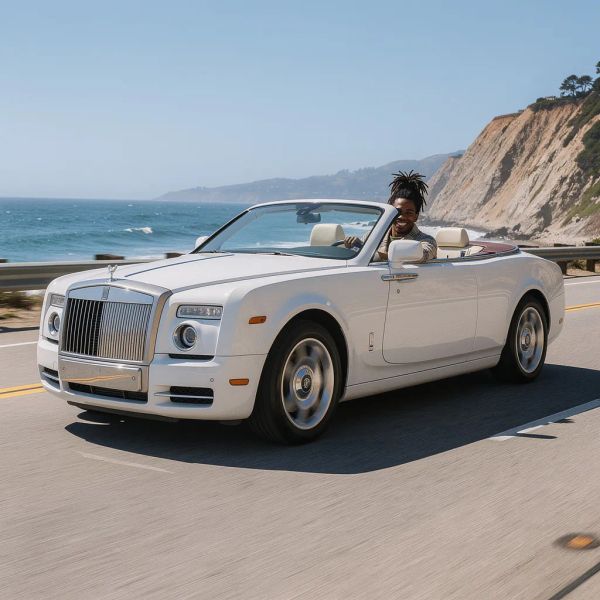 AI image generated by FLUX.2 [pro], ranked #7 of 13 in the "Man and Car in California" arena challenge — prompt: Make a photo of the man driving the car down the California coastline