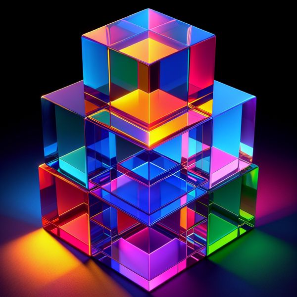 AI image generated by DALL-E 3 — prompt: A raytraced scene with five solid colored cubes. The red cube is stacked on the blue cube. The blue cube is stacked on the green cube. The green cube is stacked on a purple cube. The purple cube is stacked on a yellow cube. So the order from top to bottom is: red, blue, green, purple, yellow. The cubes are partially translucent and made of glass.