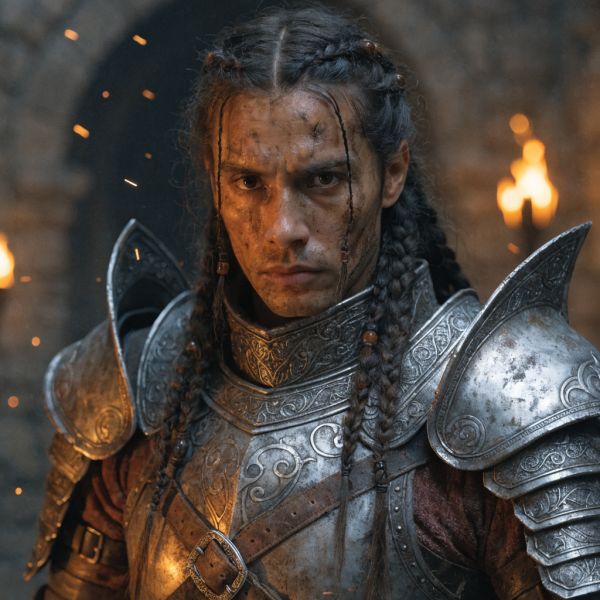 AI image generated by Recraft V4, ranked #6 of 21 in the "Fantasy Warrior" arena challenge — prompt: Close portrait of a battle-worn paladin in ornate engraved plate armor, hair braided with small beads, faint scars and dirt on the skin, warm torchlight reflecting off metal, shallow depth of field, bokeh sparks, lifelike eyes, highly detailed texture on leather straps and cloth underlayer.