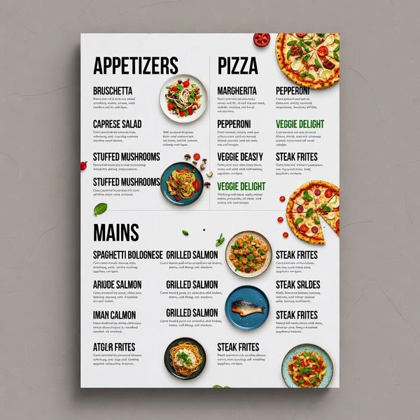 AI image generated by Grok Imagine Image, ranked #1 of 19 in the "Modern Clean Menu" arena challenge — prompt: Modern minimalist restaurant menu design, white background with colorful food photos in grid, sections for appetizers/pizza/mains, bold sans-serif fonts, vibrant accents, clean professional layout for casual dining.