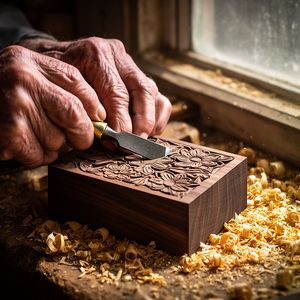 A hyper-realistic close-up of an elderly craftsman's weat...