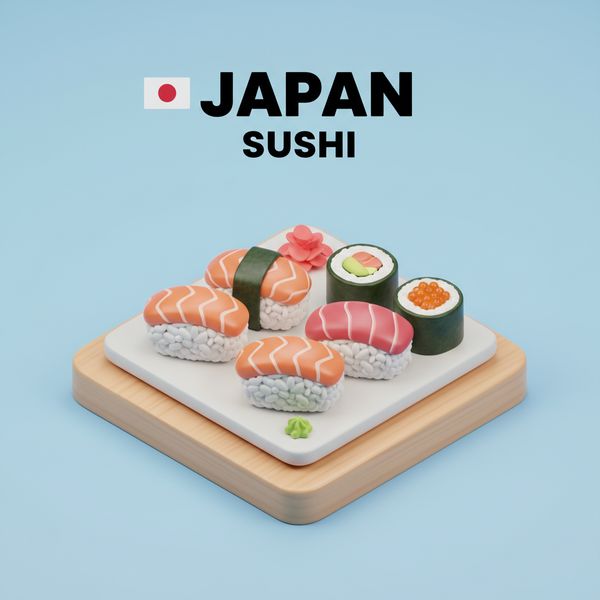 Create a clear, 45° top-down isometric miniature 3D cartoon scene of Japan's signature dish: sush...