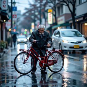 A candid street photo of an elderly Japanese man repairin...