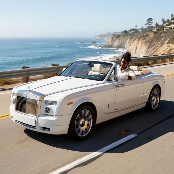 AI image generated by FLUX.2 [flex], ranked #8 of 13 in the "Man and Car in California" arena challenge — prompt: Make a photo of the man driving the car down the California coastline