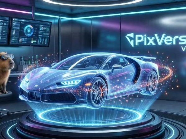 Cinematic wide shot of a futuristic neon-lit laboratory. In the center, a glowing holographic 3D ...