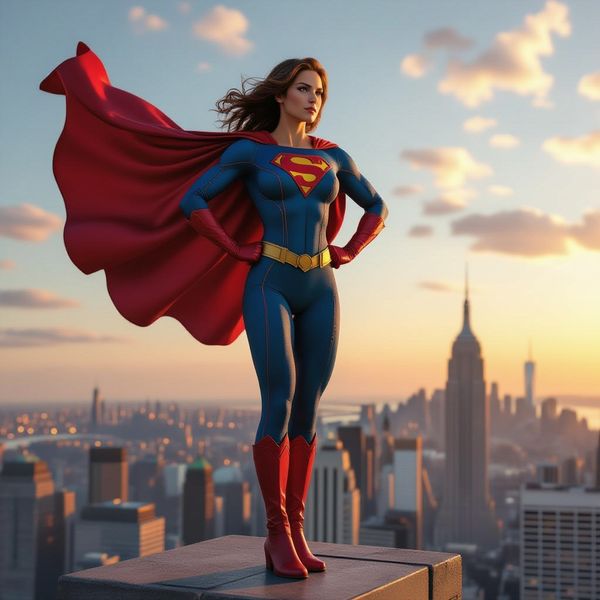 Hyper-photorealistic full-body portrait of a female superhero standing triumphantly on a New York...