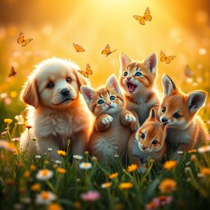 Hyper-photorealistic scene of fluffy baby animals—a golde...