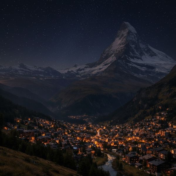 Change the scene to night: a deep, dark sky with subtle, glistening stars visible behind the moun...