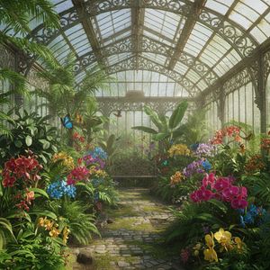 Hyper-photorealistic interior of a lush Victorian glass g...