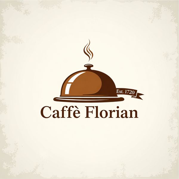 AI image generated by Wan 2.6, ranked #16 of 21 in the "Vintage Cafe Logo" arena challenge — prompt: Vintage minimalist restaurant logo for "Caffè Florian", retro cloche dome with steam and "Est. 1720" banner, classic typography, warm brown and cream tones, subtle texture on light background, vector emblem style.