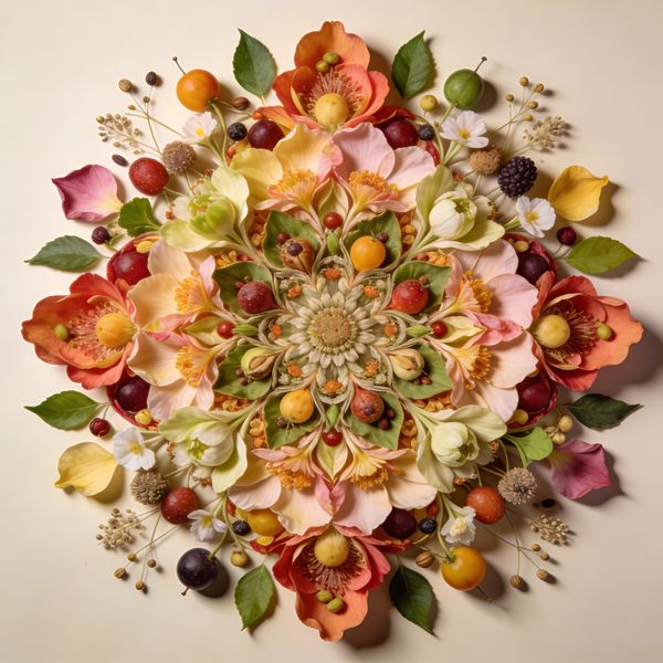 AI image generated by Seedream 4.5, ranked #8 of 15 in the "Intricate Floral Mandala" arena challenge — prompt: Perfectly symmetrical mandala made entirely of real flowers, petals, leaves, fruits, and seeds in vibrant natural colors, intricate layered patterns with radial symmetry, top-down view on a soft neutral background, hyper-detailed organic textures and subtle shadows, photorealistic, 8K masterpiece.