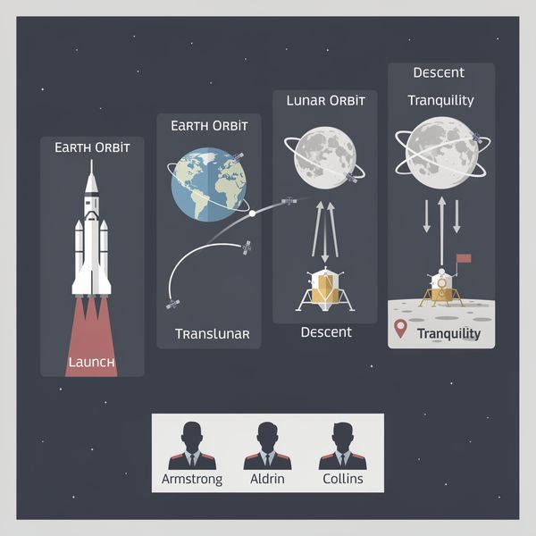 AI image generated by FLUX.2 [max], ranked #6 of 19 in the "Apollo 11: Journey to Tranquility" arena challenge — prompt: Create a clean, modern vector infographic poster about the Apollo 11 mission. NASA-inspired palette (navy, white, muted red, light gray). Flat-vector style, crisp lines, consistent iconography, subtle gradients only.
Steps (stop at landing):
1. Launch (Saturn Vicon)
2. Earth Orbit (Earth + orbit ring icon)
3. Translunar (trajectory arc icon)
4. Lunar Orbit (Moon + orbit ring icon)
5. Descent (lunar module descending icon)
6. Landing (lunar module on the surface icon)
Small supporting elements (minimal text):
• Crew strip: three silhouette icons with only last names:
Armstrong, Aldrin, Collins.
• Landing site marker: Moon pin labeled "Tranquility" only.
Layout constraints: generous margins, large readable labels, clean background with subtle stars. Vector-only, print-poster look, high resolution.