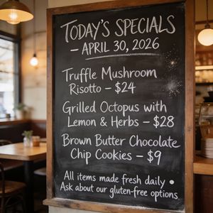 Handwritten-style chalkboard menu in a cozy café, all tex...