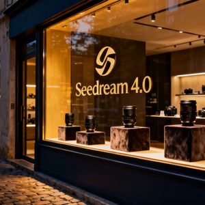 Cinematic wide shot of a high-end, boutique camera store ...