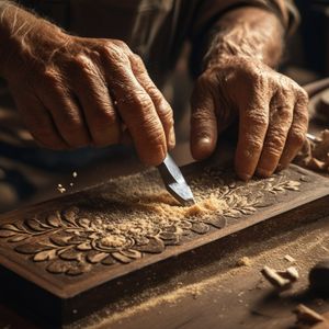 A hyper-realistic close-up of an elderly artisan's weathe...