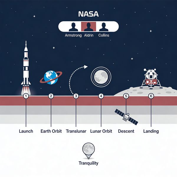 AI image generated by Seedream 4.5, ranked #5 of 19 in the "Apollo 11: Journey to Tranquility" arena challenge — prompt: Create a clean, modern vector infographic poster about the Apollo 11 mission. NASA-inspired palette (navy, white, muted red, light gray). Flat-vector style, crisp lines, consistent iconography, subtle gradients only.
Steps (stop at landing):
1. Launch (Saturn Vicon)
2. Earth Orbit (Earth + orbit ring icon)
3. Translunar (trajectory arc icon)
4. Lunar Orbit (Moon + orbit ring icon)
5. Descent (lunar module descending icon)
6. Landing (lunar module on the surface icon)
Small supporting elements (minimal text):
• Crew strip: three silhouette icons with only last names:
Armstrong, Aldrin, Collins.
• Landing site marker: Moon pin labeled "Tranquility" only.
Layout constraints: generous margins, large readable labels, clean background with subtle stars. Vector-only, print-poster look, high resolution.