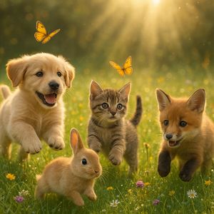 Hyper-photorealistic scene of fluffy baby animals—a golde...