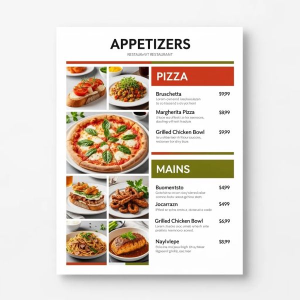 AI image generated by FLUX.2 [flex], ranked #16 of 19 in the "Modern Clean Menu" arena challenge — prompt: Modern minimalist restaurant menu design, white background with colorful food photos in grid, sections for appetizers/pizza/mains, bold sans-serif fonts, vibrant accents, clean professional layout for casual dining.