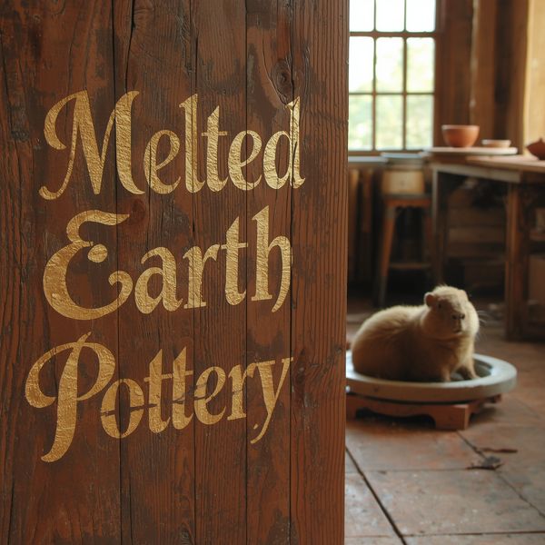 A cozy ceramic studio with a hand-painted wooden sign that reads "MELTED EARTH POTTERY" in elegan...