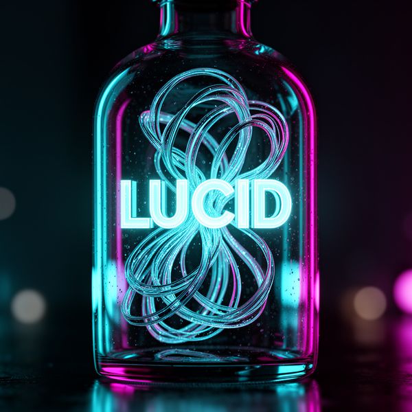 AI image generated by FLUX.2 [flex] — prompt: A hyper-realistic close-up of a neon-lit glass bottle. Inside, 3D glowing liquid threads morph into the word "LUCID" in sharp, futuristic sans-serif typography. Cinematic lighting.